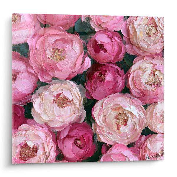 Tableau Pivoines rose et fuchsia aux cœurs dorés - Empâtements en gros plan - Edition Pivoine