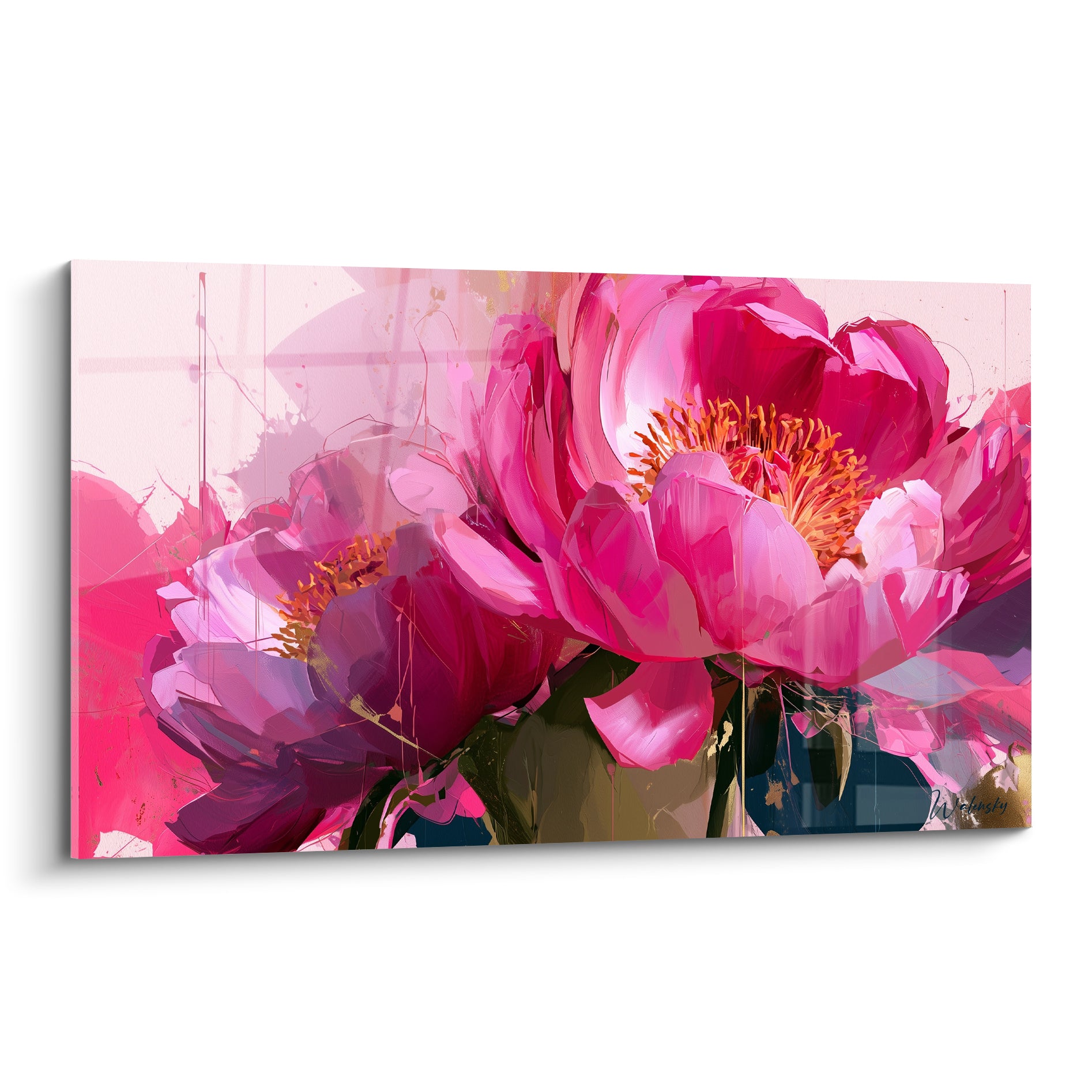 Pivoines roses et magenta aux étamines dorées, peinture gestuelle sur fond rose pâle