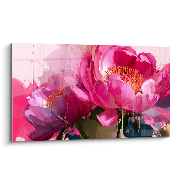 Tableau Pivoines fuchsia et pourpres aux coulures éclaboussées - Étamines safran vibrantes - Edition Pivoine