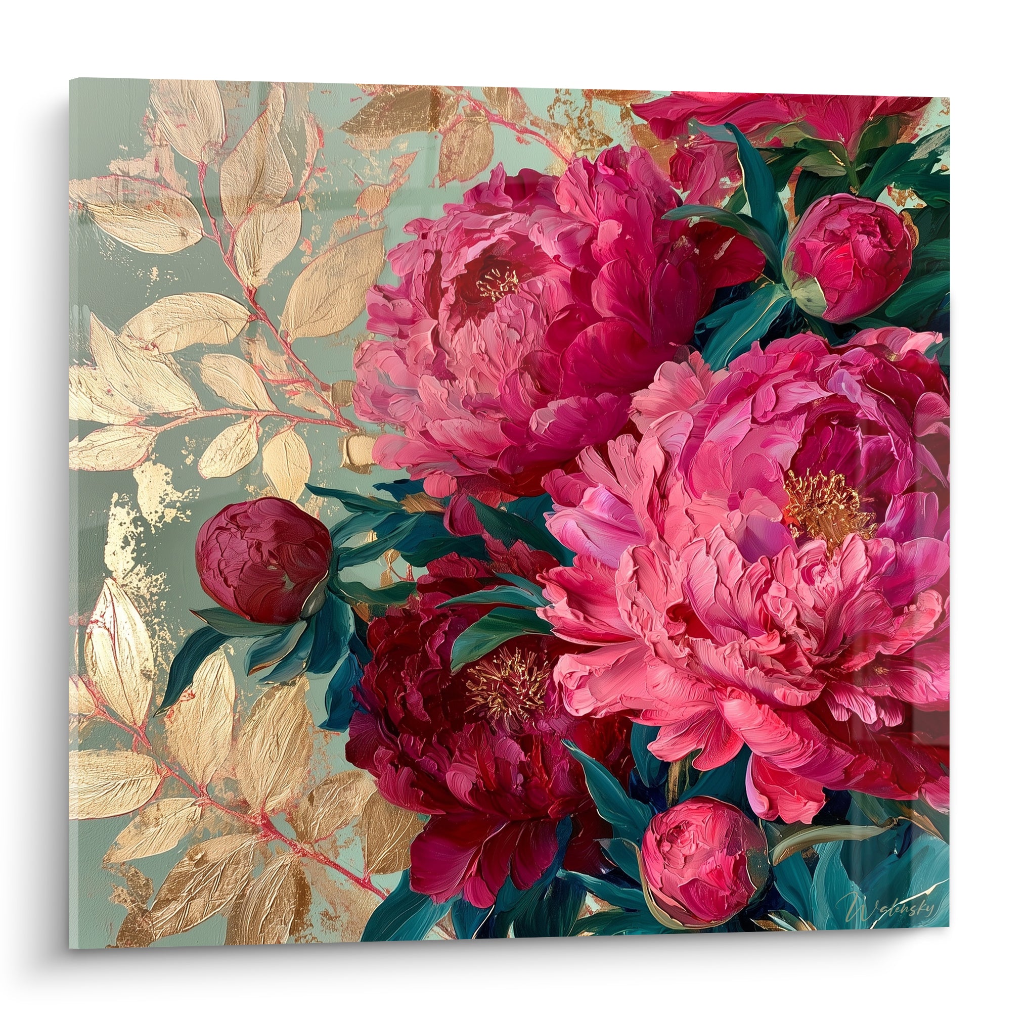 Pivoines roses et bordeaux aux feuillages dorés sur fond vert sauge, touche picturale empâtée