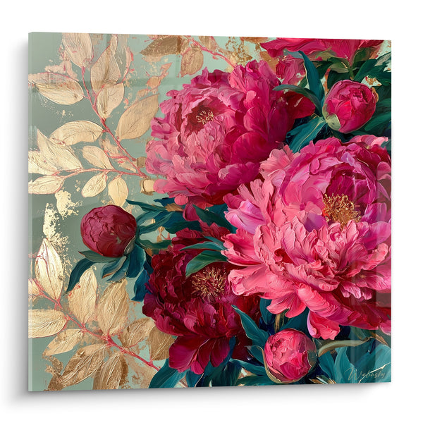 Tableau Pivoines rose et bordeaux aux feuilles dorées - Rameau doré sur fond menthe - Edition Pivoine