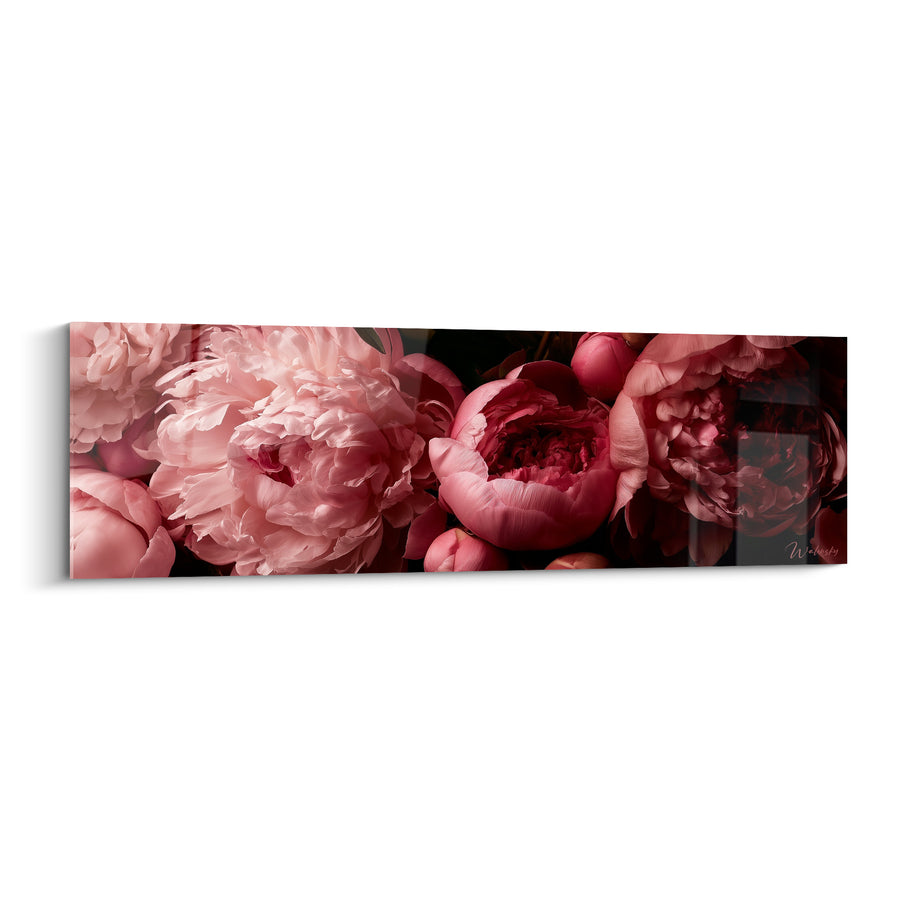 Tableau Pivoines rose pâle et magenta en grappe serrée - Cœur pourpre entrouvert - Edition Pivoine