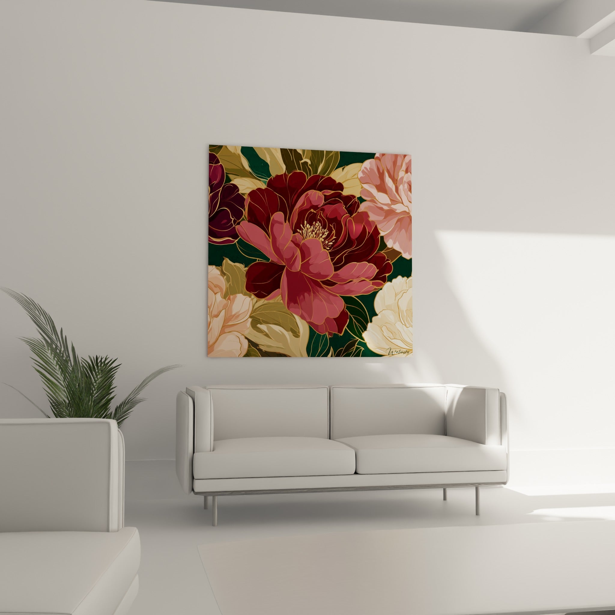 Fleurs de pivoine rose poudré et bordeaux disposées au-dessus d'un canapé dans un salon lumineux