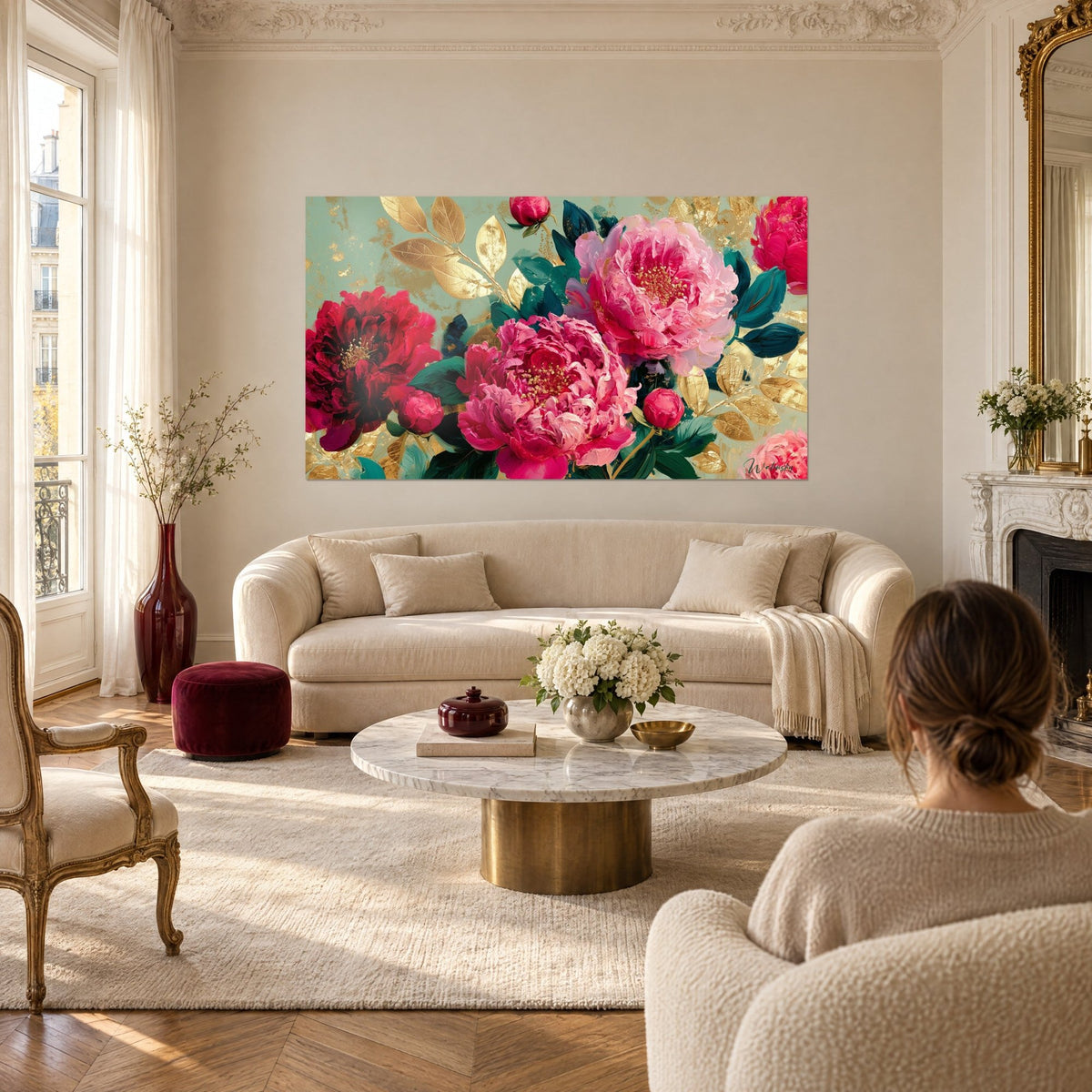 Tableau bouquet de pivoines fuchsia aux pétales épais sur fond menthe, feuilles dorées, au-dessus d'un canapé dans un salon lumineux