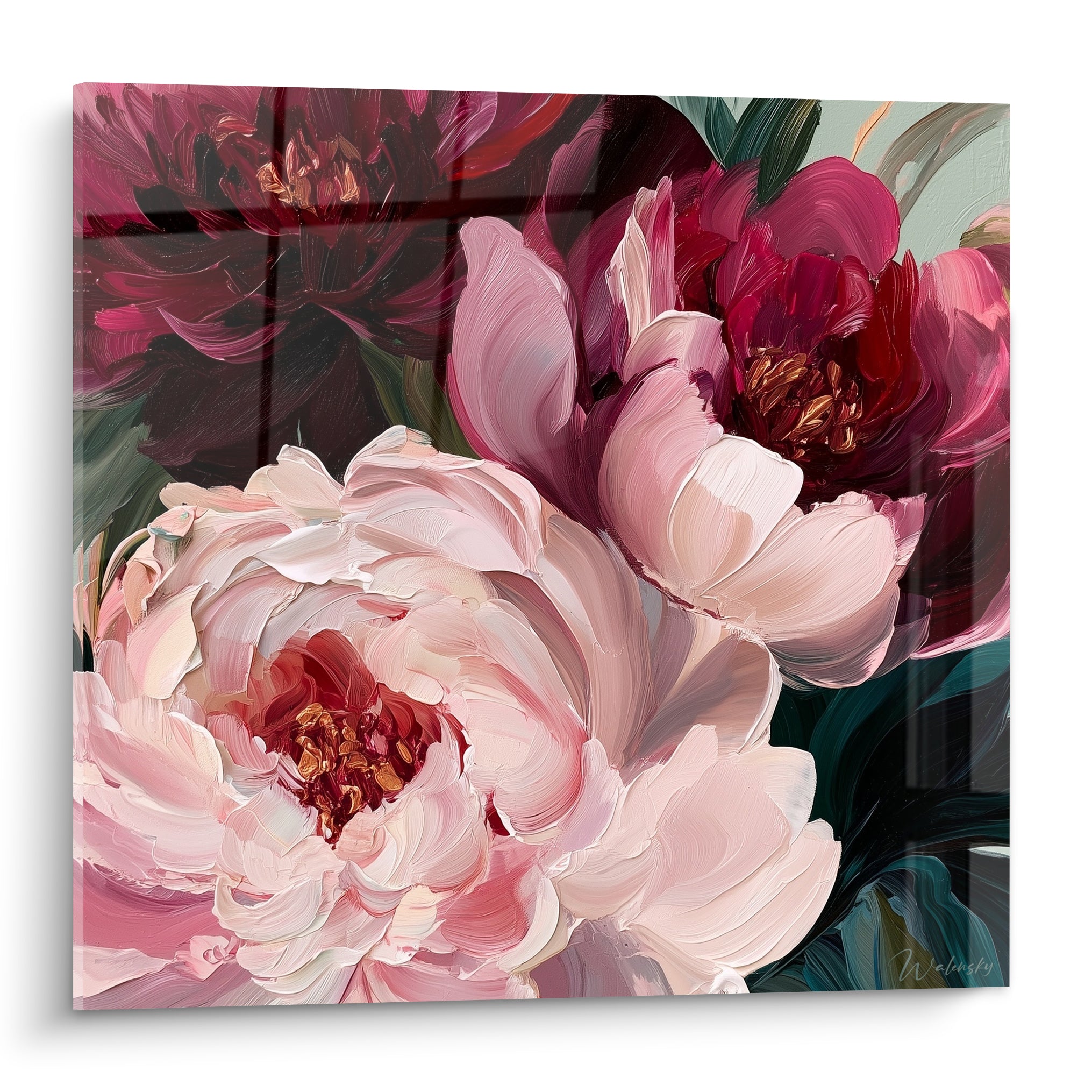 Pivoines roses et bordeaux aux pétales veloutés, cœurs dorés, peinture à empâtements expressifs