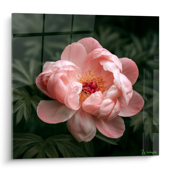 Tableau Pivoine rose et vert feuillage sombre - Éclosion silencieuse - Edition Pivoine