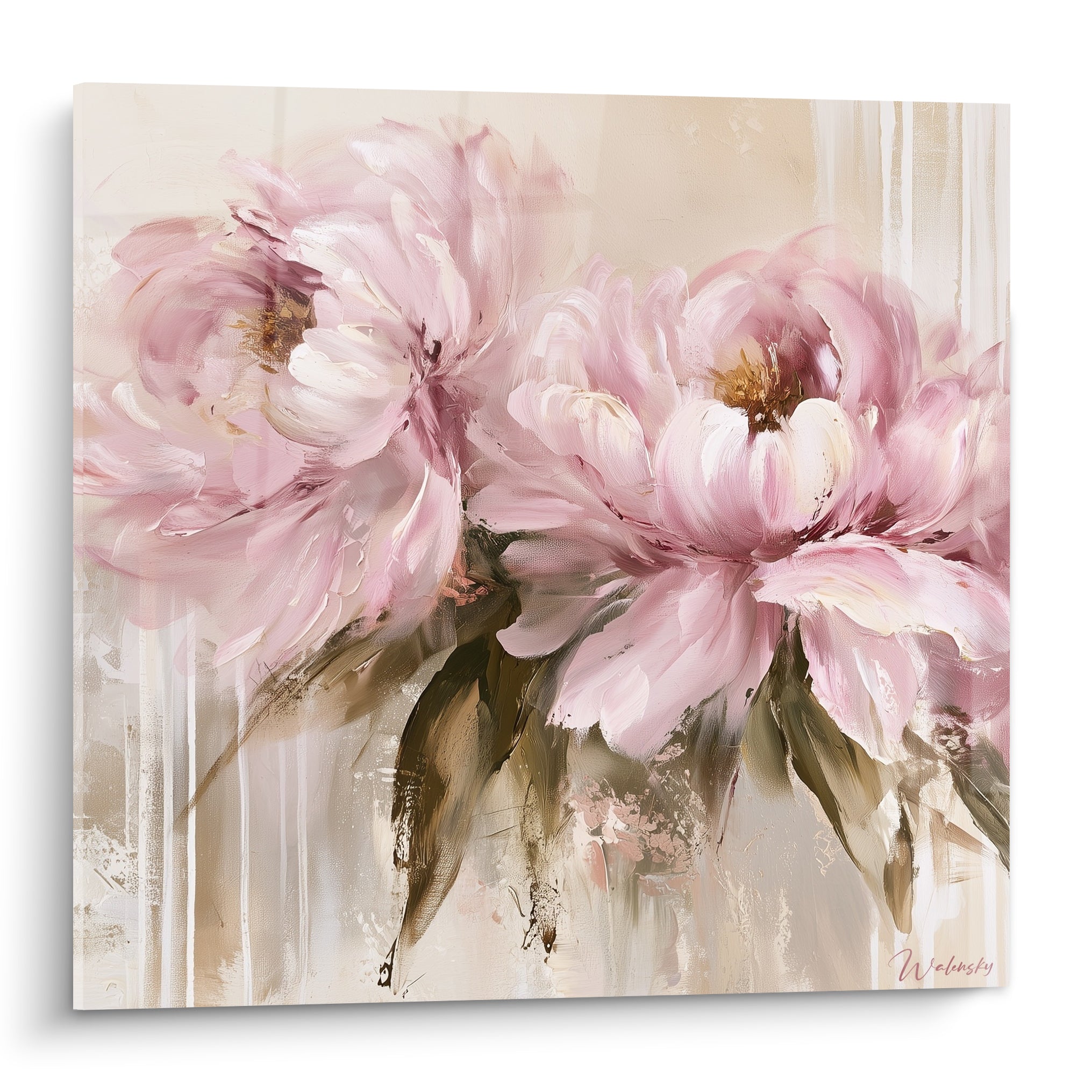 Pivoines roses et blanches aux feuilles brun-vert, peinture texturée sur fond beige sable