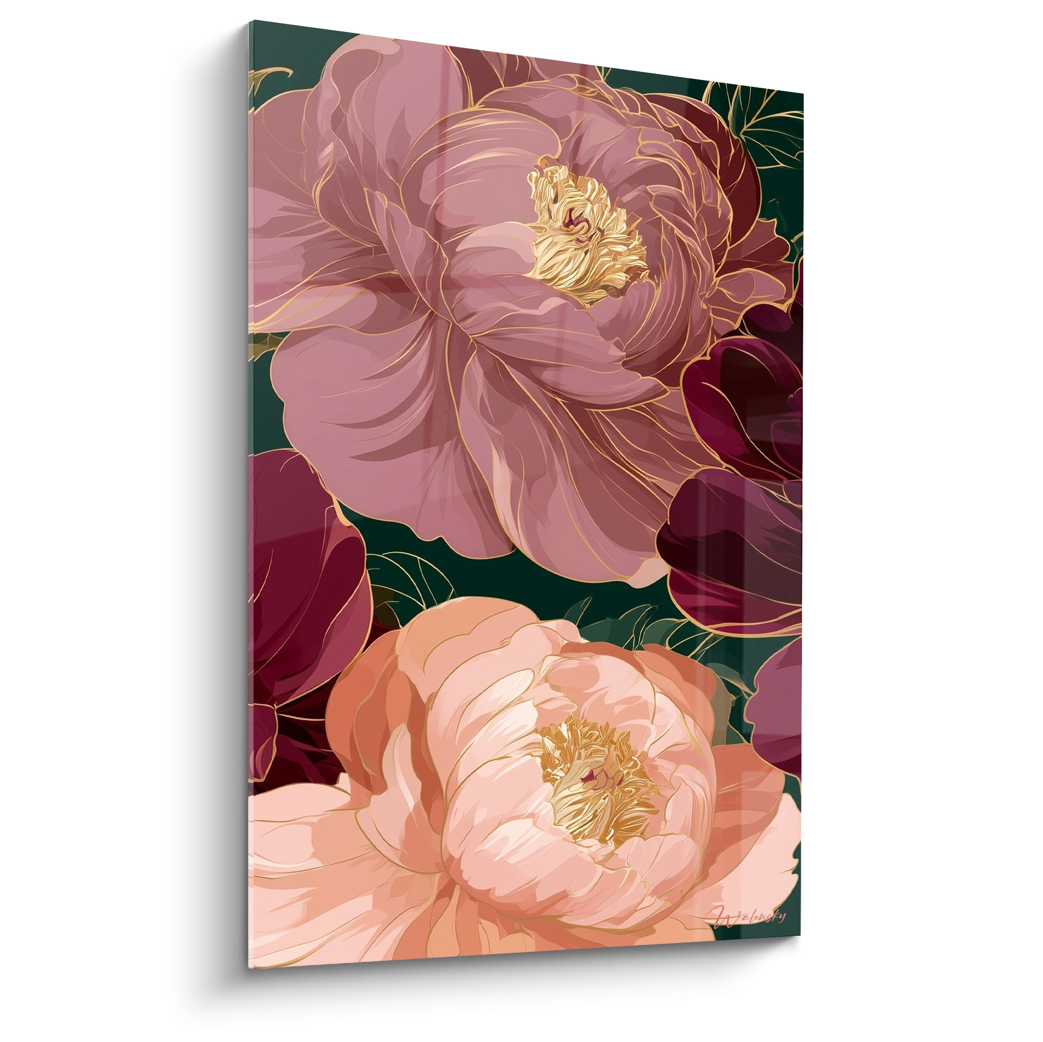 Pivoines roses et pêche aux contours dorés sur fond vert sapin, pétales amples et bordeaux