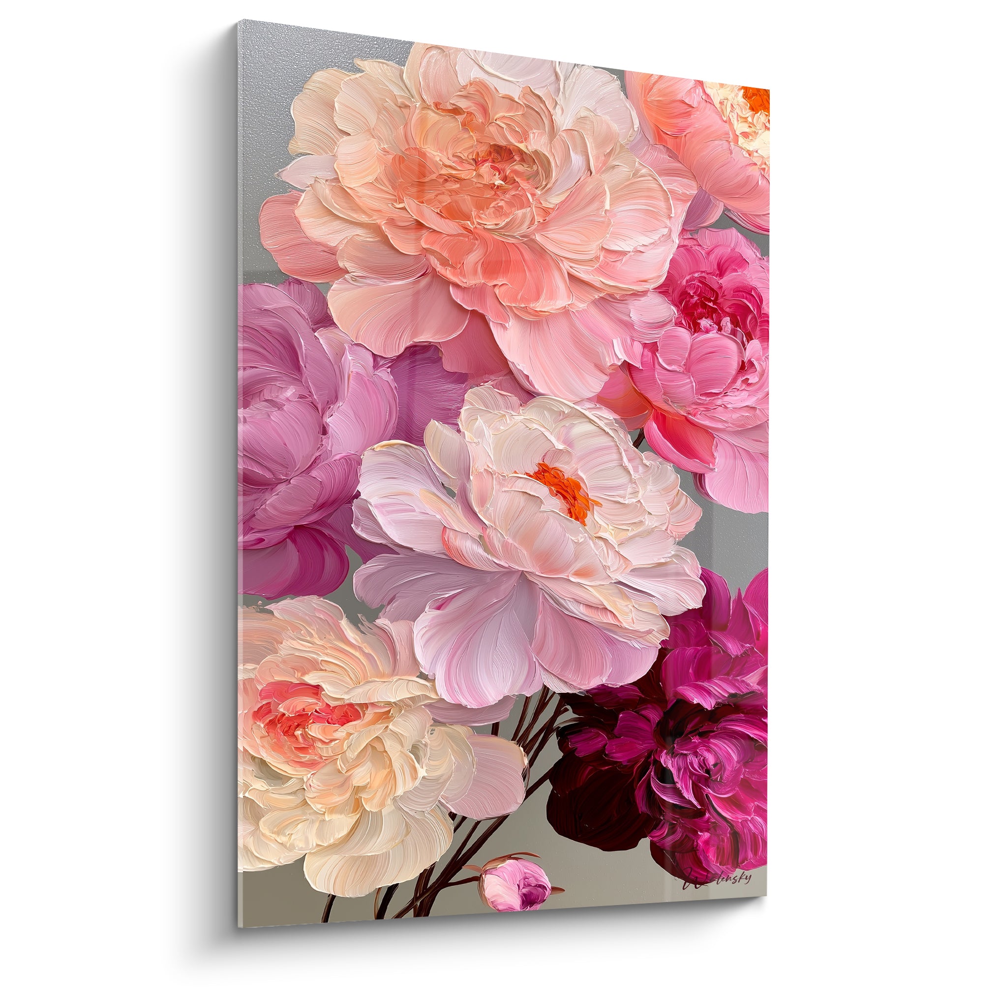 Bouquet de pivoines roses, pêche et fuchsia peint en empâtements épais sur fond gris texturé