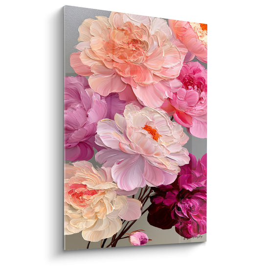 Tableau Pivoines roses et pêche en bouquet - Bouquet en éclosion - Edition Pivoine