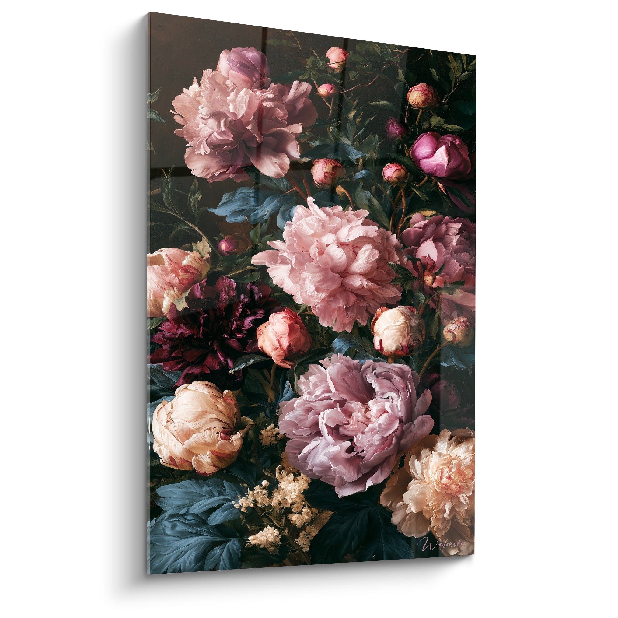 Pivoines roses et pêche en pleine floraison sur fond anthracite, style peinture flamande
