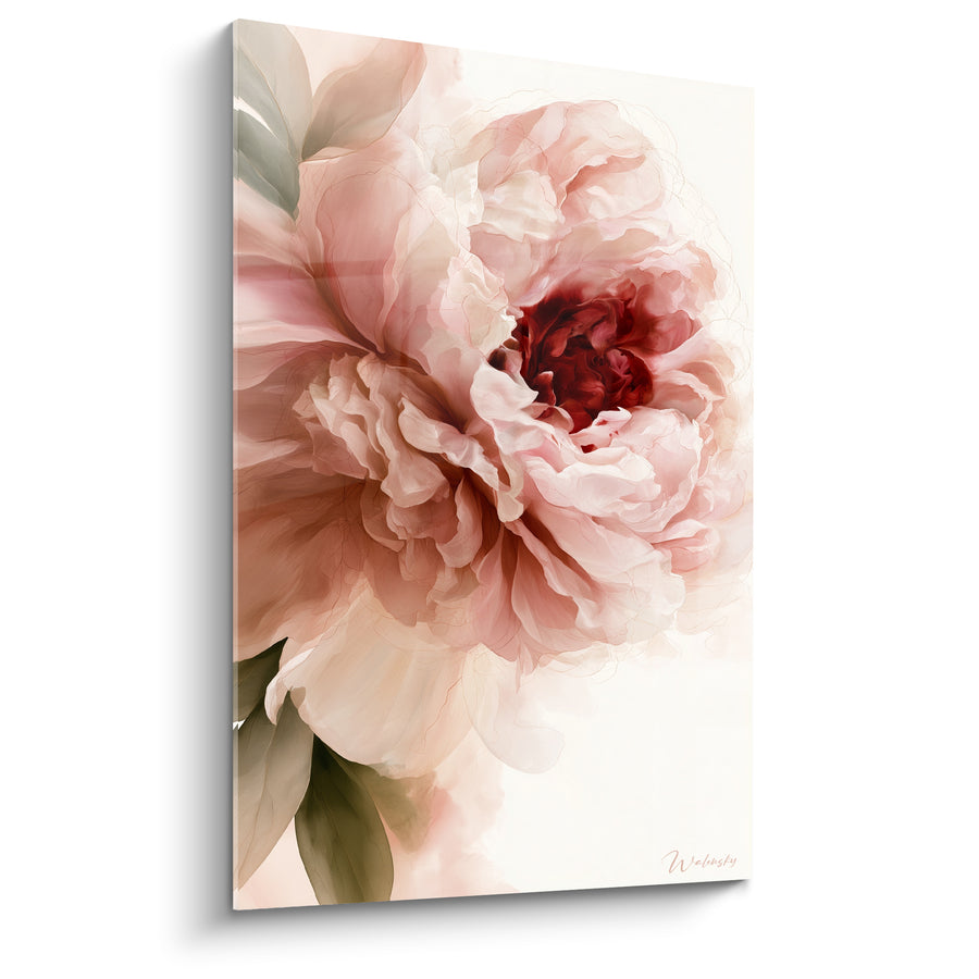 Tableau Pivoine rose pâle et bordeaux fond ivoire - Cœur grenat profond - Edition Pivoine