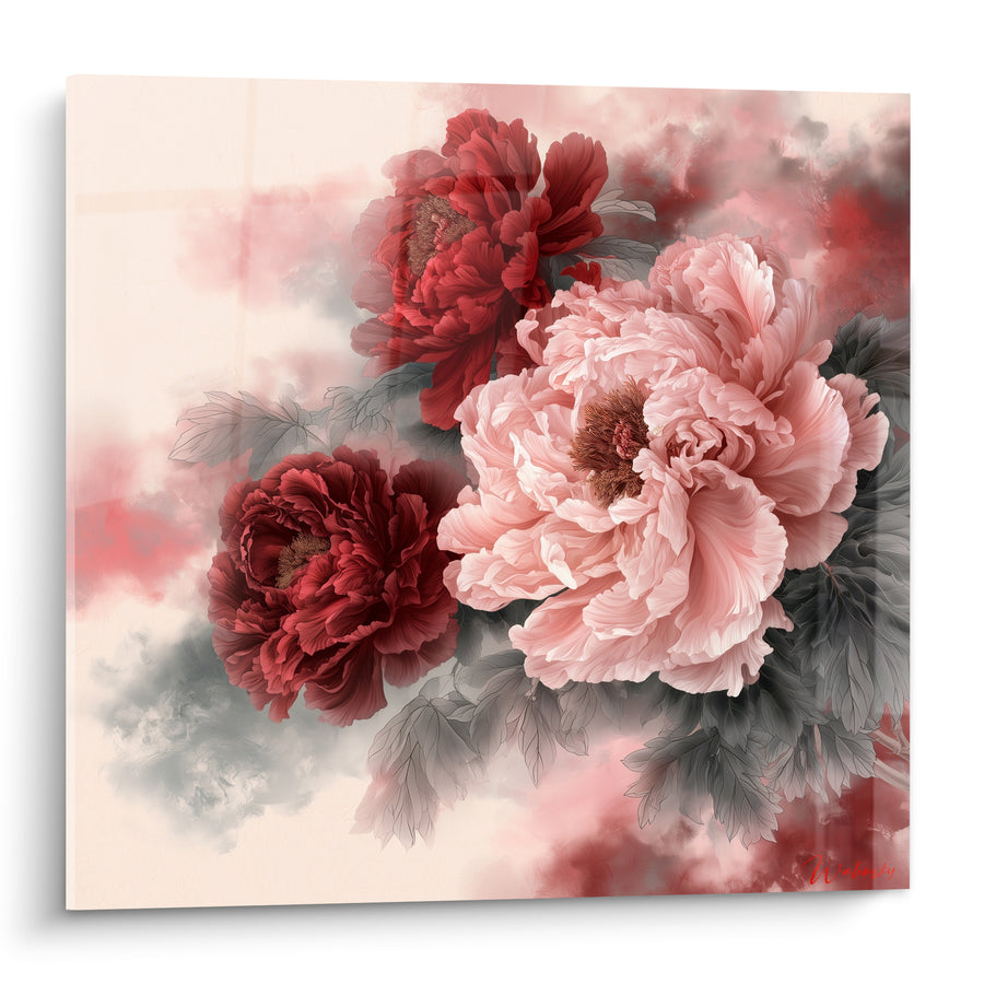 Tableau Pivoines roses et bordeaux aux pétales soyeux - Douceur effeuillée - Edition Pivoine