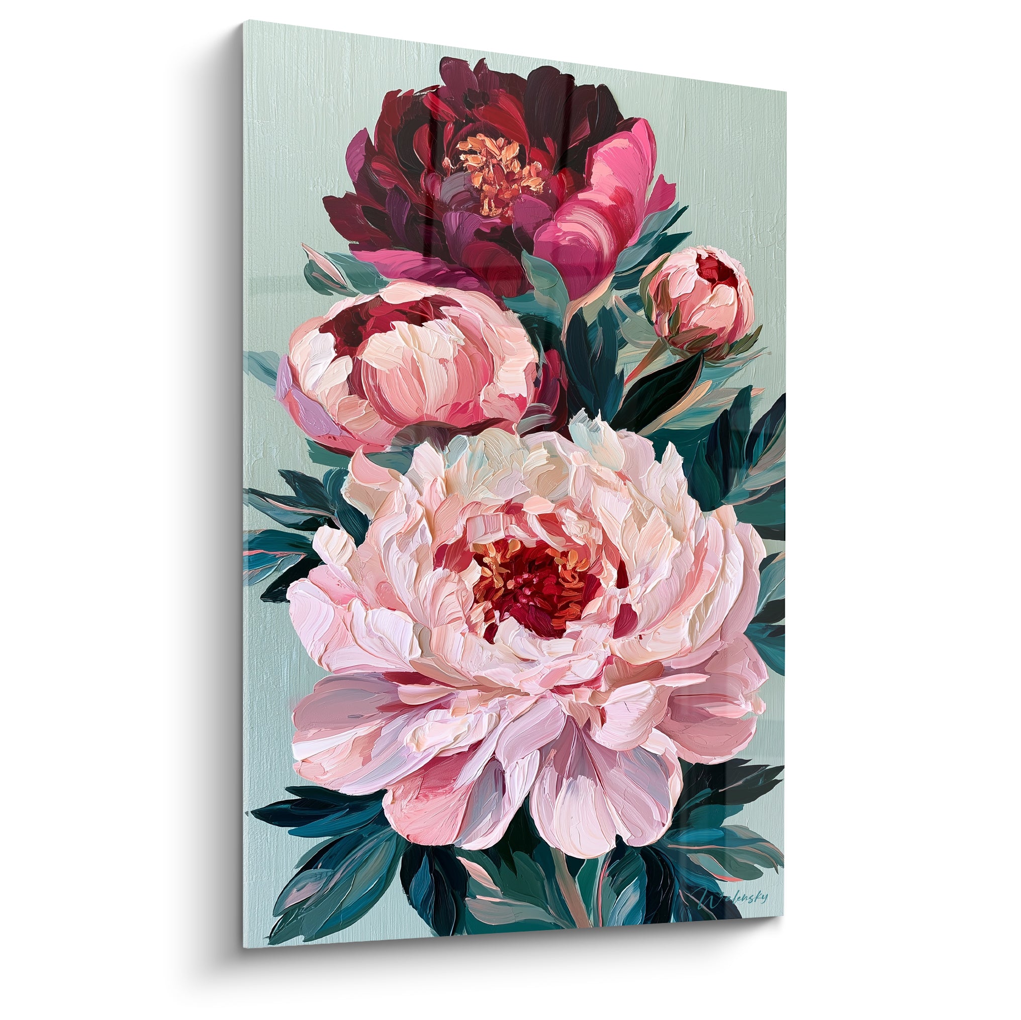Pivoines roses et bordeaux aux pétales généreux, peintes sur fond vert sauge texturé