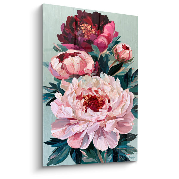 Tableau Pivoine rose pâle et bordeaux au cœur écarlate - Bouton latéral fermé - Edition Pivoine