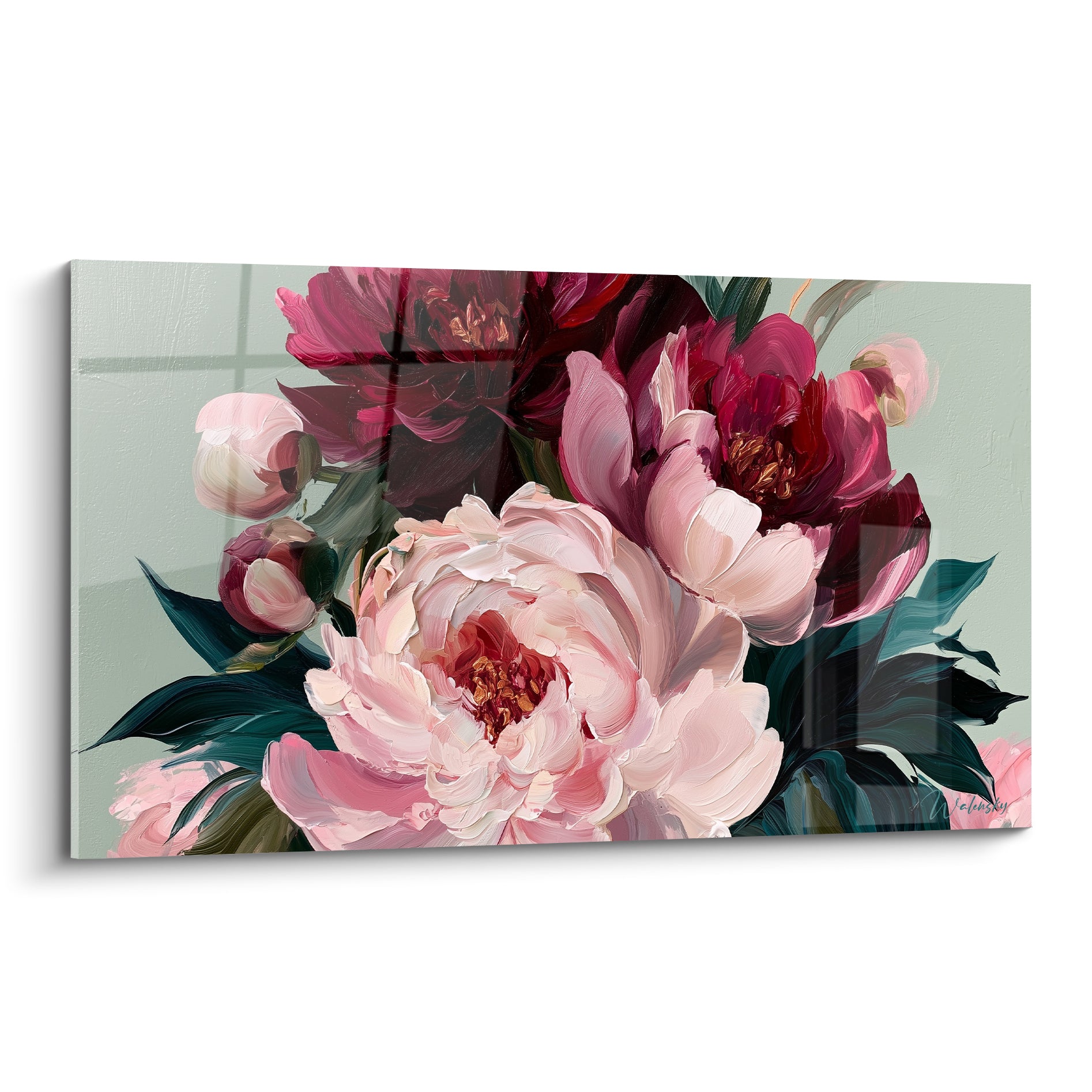Bouquet de pivoines rose poudré et bordeaux peint sur fond vert sauge texturé