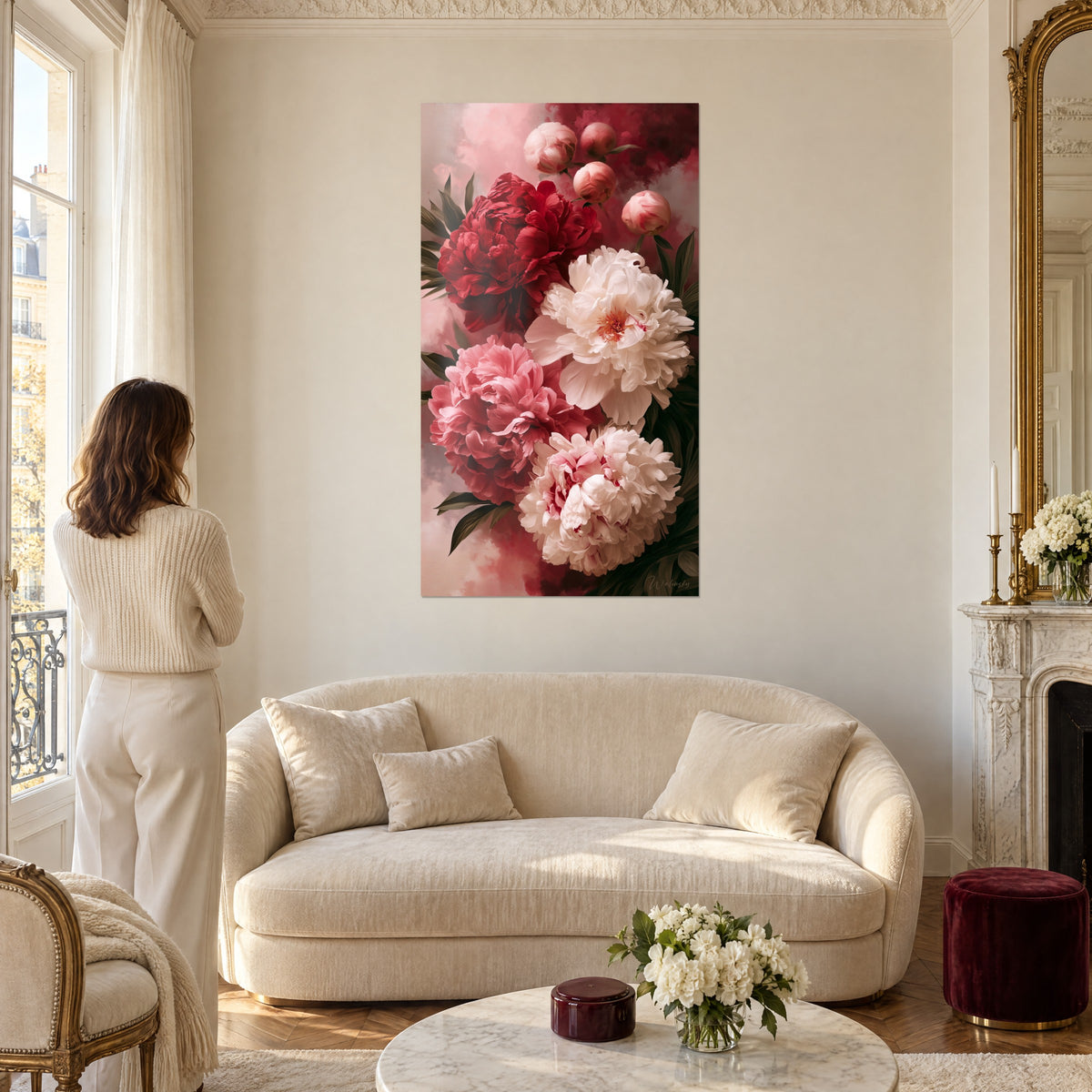 Wall art with scarlet and cream peonies, hanging pink buds, woman seen from behind in a white sweater, above a sofa in a bright living room
