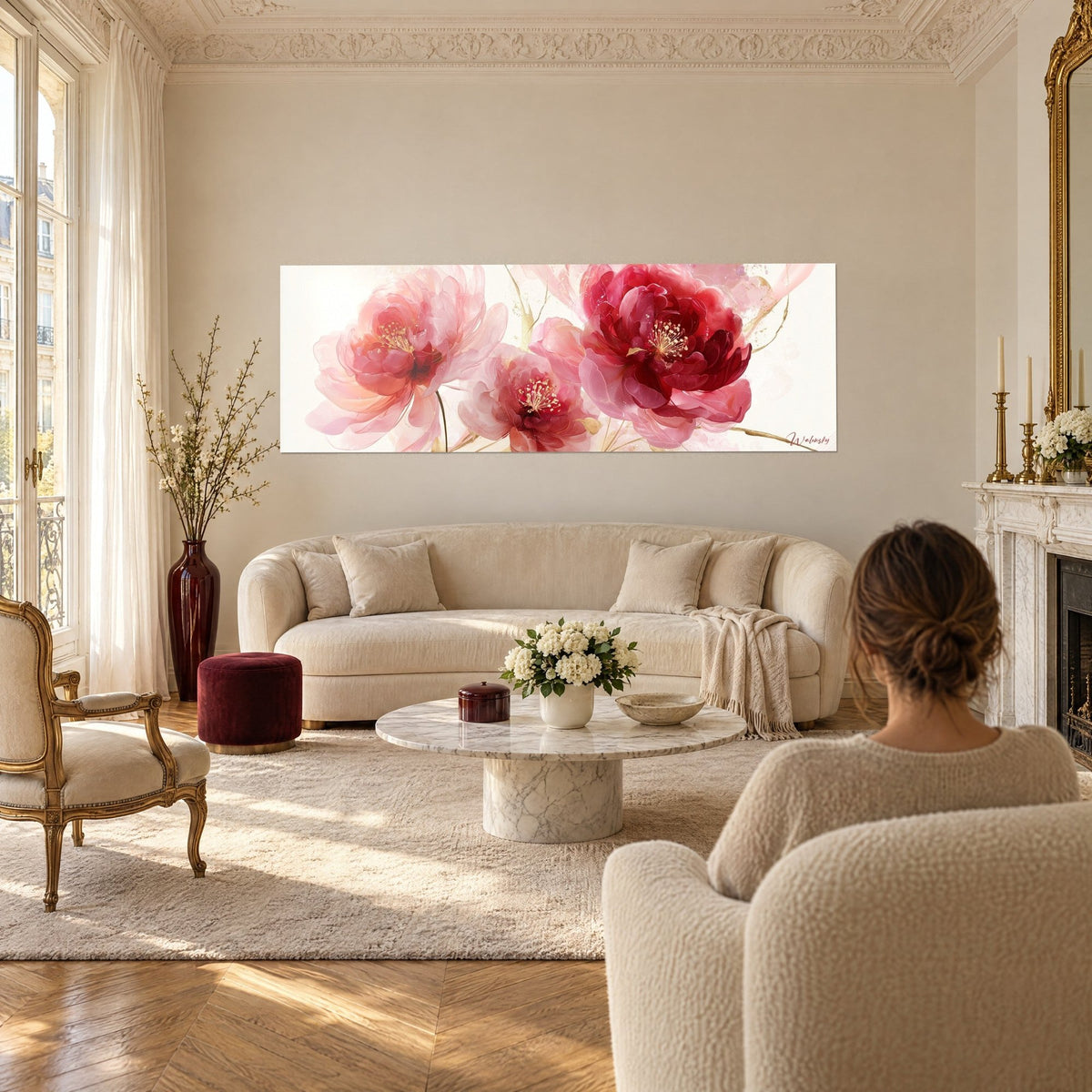 Tableau pivoines rose pâle et grenat aux pistils dorés, panoramique, une femme de dos, au-dessus d'un canapé dans un salon lumineux