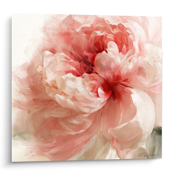 Tableau Pivoine rose et rouge aux fins traits linéaires - Cœur pourpre profond - Edition Pivoine