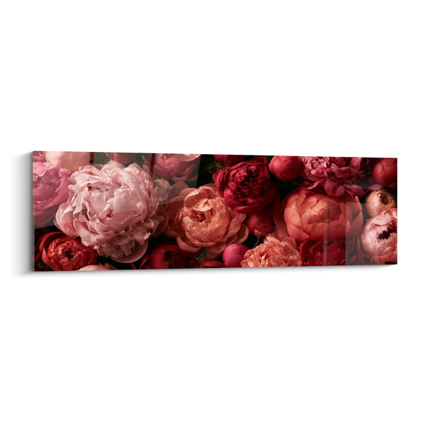 Tableau Pivoines roses et rouge grenat serrées à profusion - Panorama floral compact - Edition Pivoine