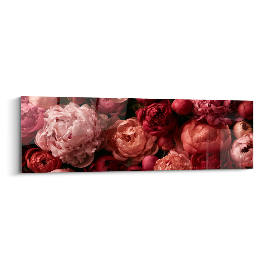 Tableau Pivoines roses et rouge grenat serrées à profusion - Panorama floral compact - Edition Pivoine