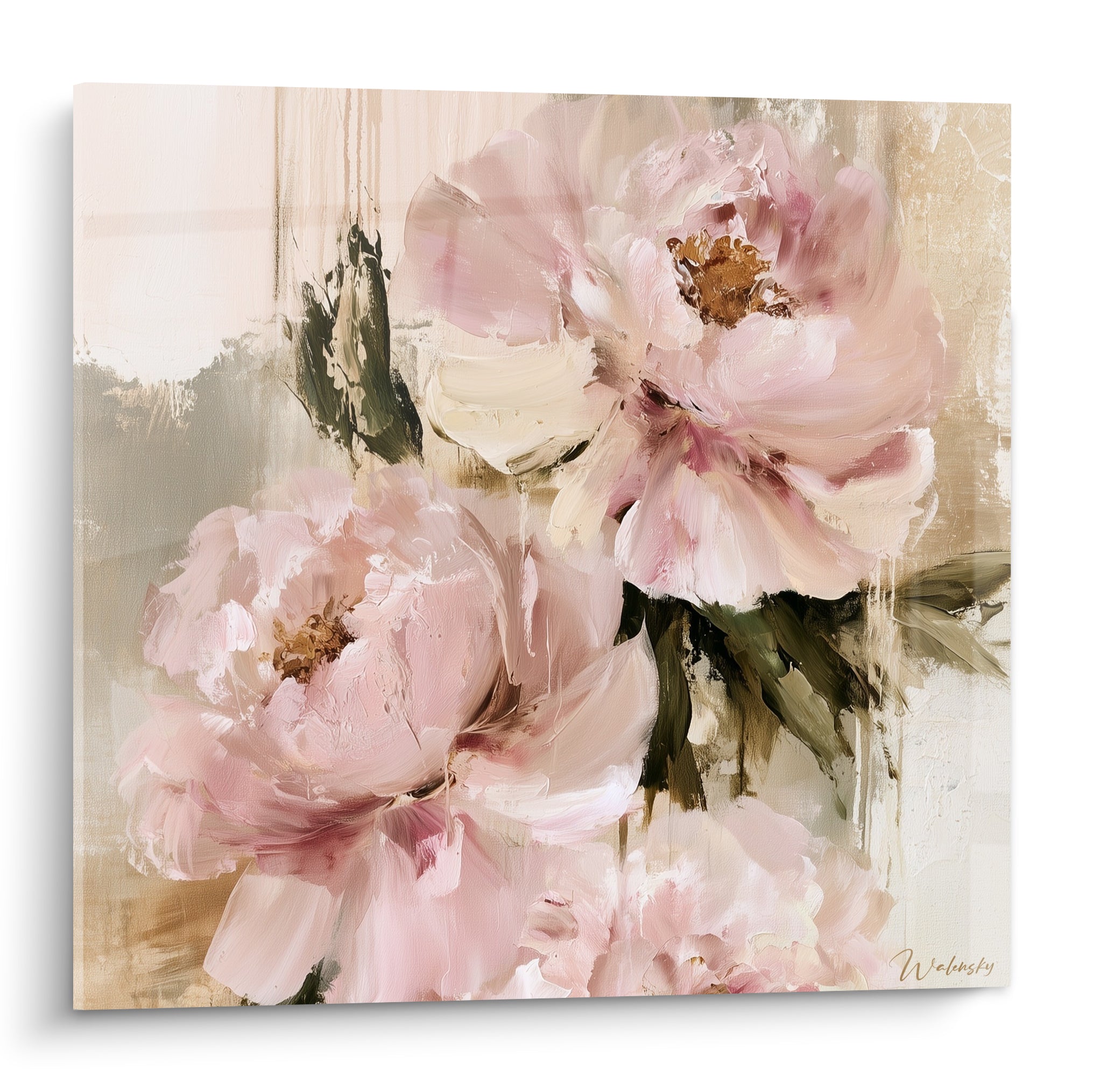 Pivoines roses et blanches peintes à touches larges, cœurs dorés, fond beige texturé