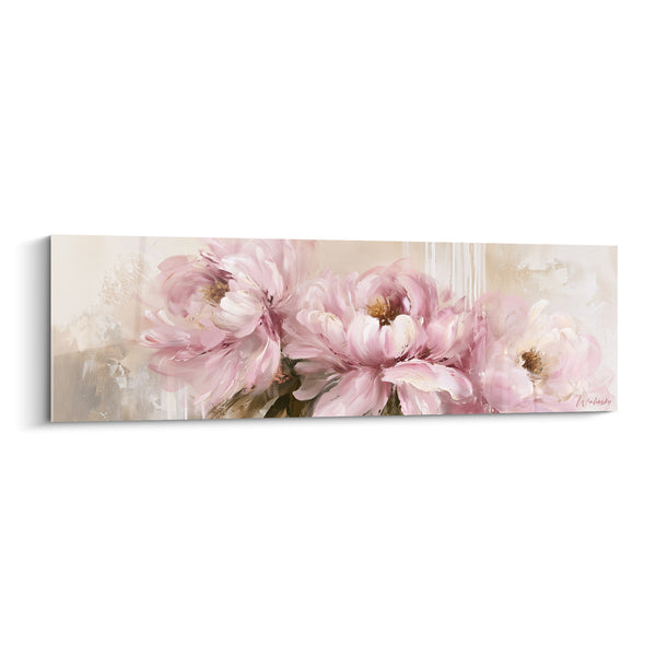 Tableau Pivoines rose pâle et beige sur fond strié - Coulures verticales grises - Edition Pivoine