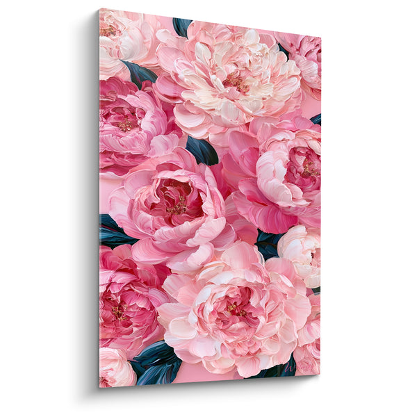 Tableau Pivoines rose et blanc aux feuilles bleu pétrole - Pétales veloutés serrés - Edition Pivoine