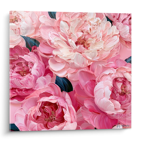 Tableau Pivoines rose et ivoire aux feuilles bleu pétrole - Cœurs pailletés bruns - Edition Pivoine