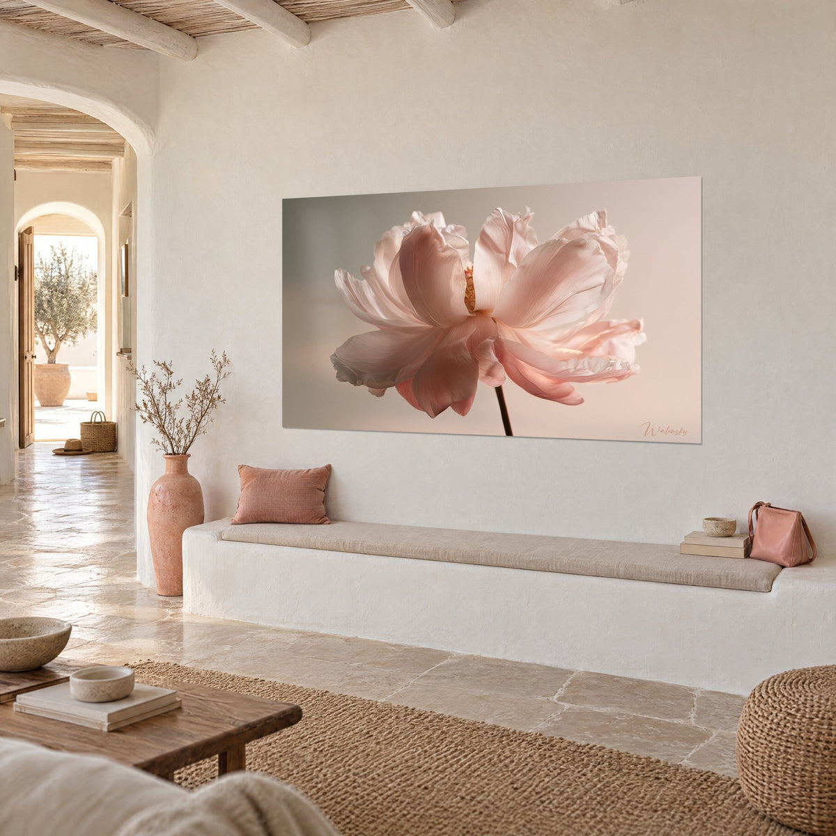 Wall art Full-blown flower in powdery pink and beige, petals edged with golden light, on a whitewashed wall beside a stone bench
