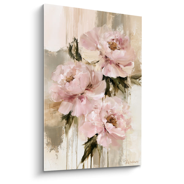 Tableau Pivoines rose pâle et beige aux coulures verticales - Trio de fleurs - Edition Pivoine