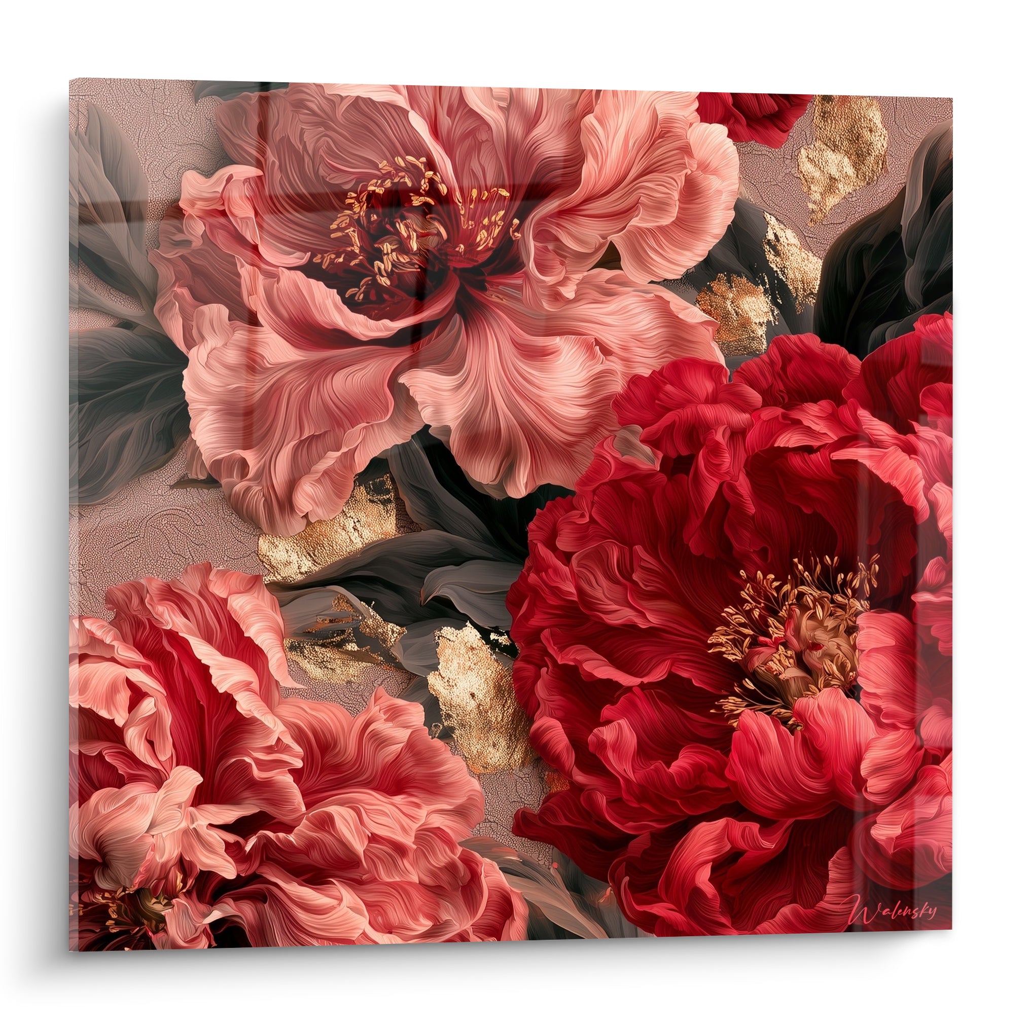 Pivoines roses et rouges aux pétales ondulés et touches dorées sur fond terracotta craquelé