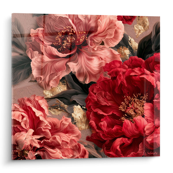 Tableau Pivoines roses et rouges aux touches dorées - Floraison somptueuse - Edition Pivoine