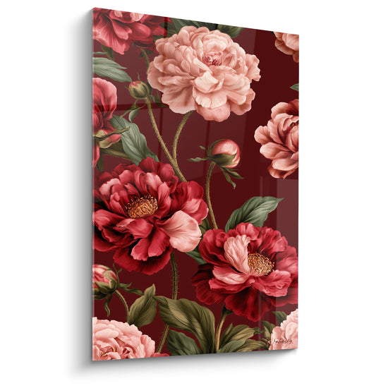 Tableau Pivoines rose pâle et rouge cerise aux tiges épineuses - Boutons en grappe serrée - Edition Pivoine