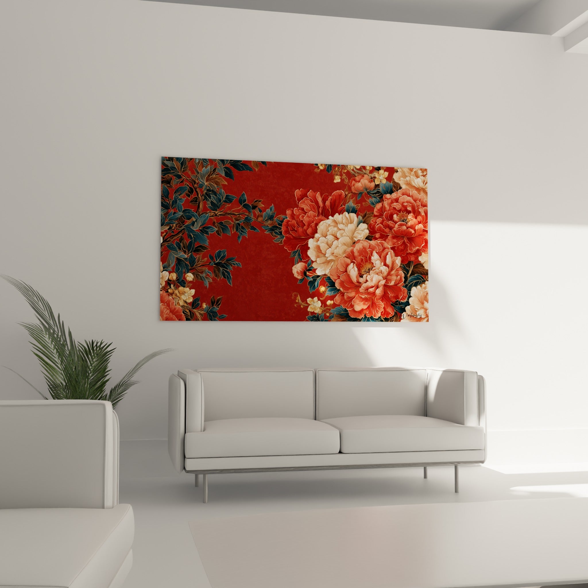 Fleurs de pivoine rose et rouge sur fond carmin profond, au-dessus d'un canapé dans un salon lumineux