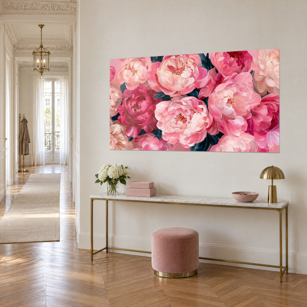 Wall art dense peony blooms in cream and fuchsia, dark blue foliage, on a gilded console in a Haussmann-style hallway