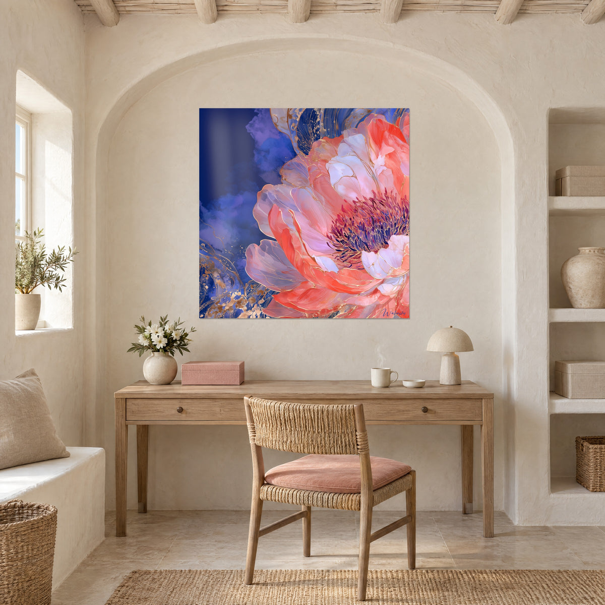 Wall art bouquet of translucent coral and lavender petals, violet heart, royal blue background, above a light wood desk