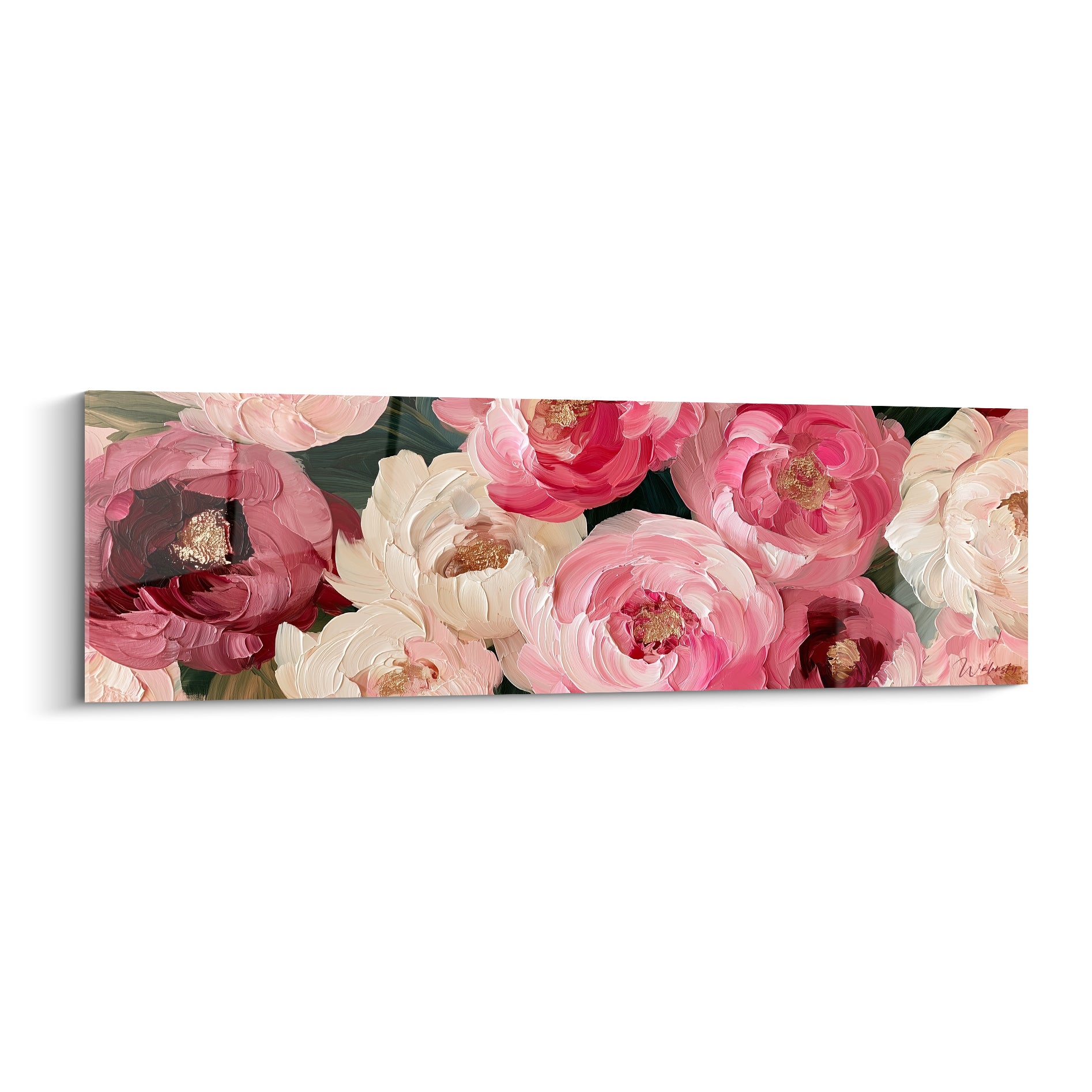 Pivoines roses, blanches et bordeaux aux cœurs dorés peintes en larges touches épaisses