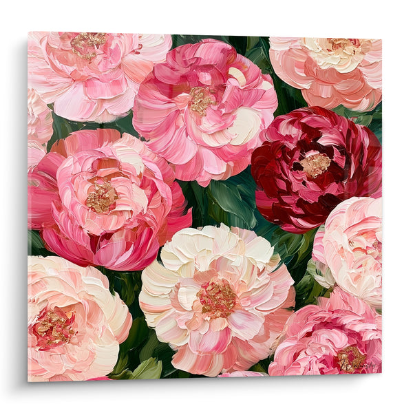 Tableau Pivoines roses et bordeaux aux cœurs pailletés - Bouquet serré vibrant - Edition Pivoine