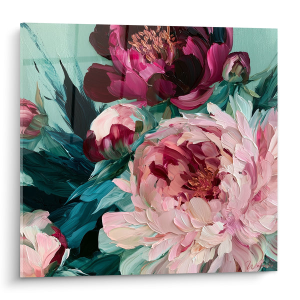 Tableau Pivoines pourpres et roses sur fond menthe - Feuillage bleu turquoise - Edition Pivoine