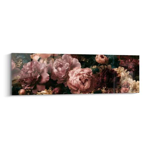 Tableau Pivoines rose et bordeaux en large fresque - Panorama floral dense - Edition Pivoine