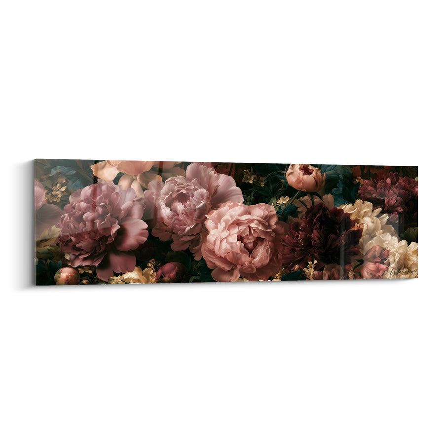 Tableau Pivoines rose et bordeaux en large fresque - Panorama floral dense - Edition Pivoine
