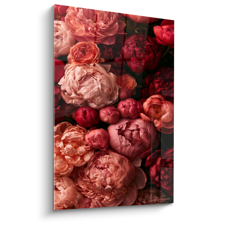 Tableau Pivoines corail et rouge en gros bouquet serré - Superposition de pétales froissés - Edition Pivoine