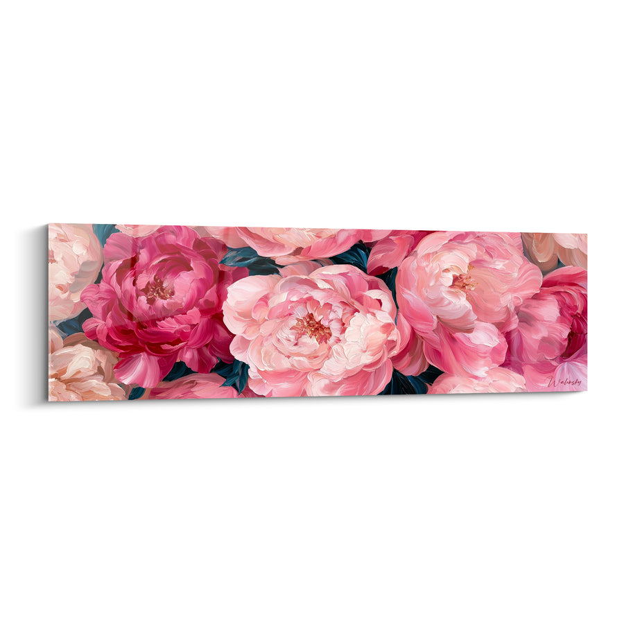 Tableau Pivoines rose et fuchsia aux feuilles bleu marine - Bouquet serré compact - Edition Pivoine