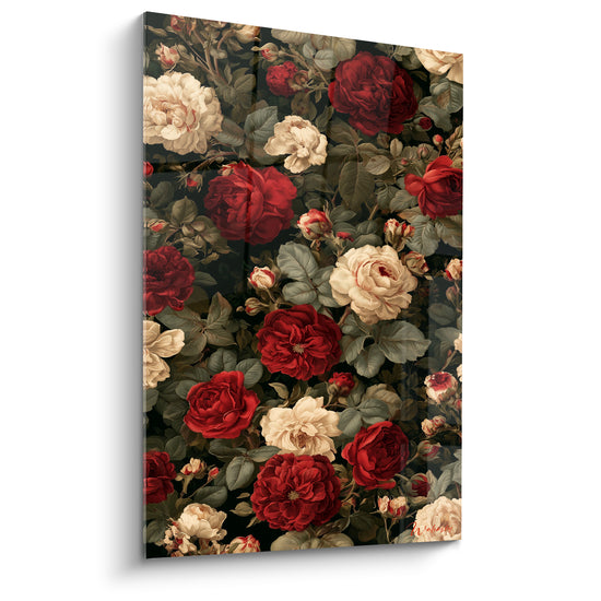 Tableau Roses rouges et ivoire au feuillage dense - Buissons enchevêtrés touffus - Edition Pivoine