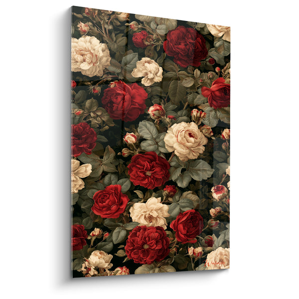 Tableau Roses rouges et ivoire au feuillage dense - Buissons enchevêtrés touffus - Edition Pivoine
