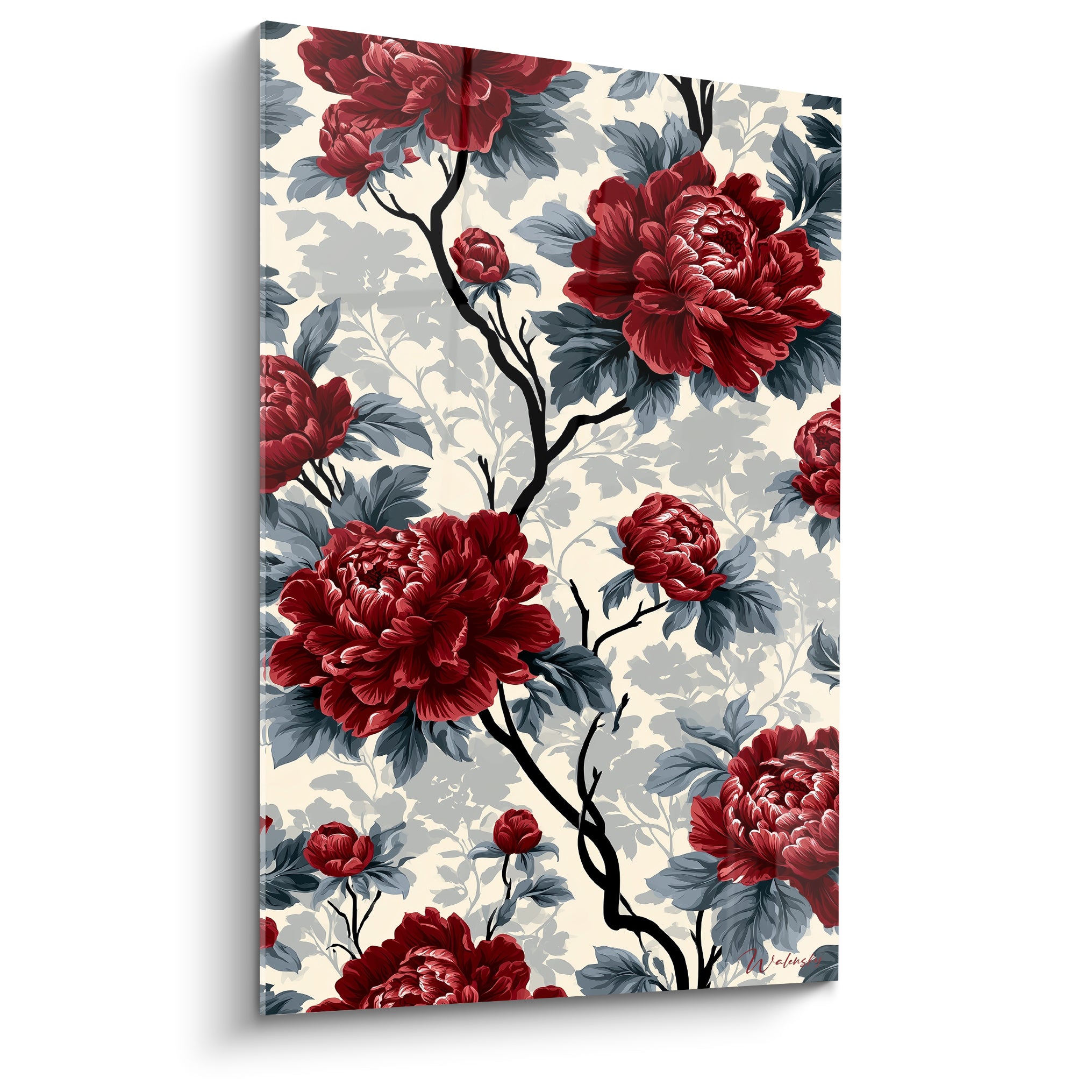 Pivoines rouge intense et feuillage anthracite sur fond ivoire, motif floral dense et illustratif
