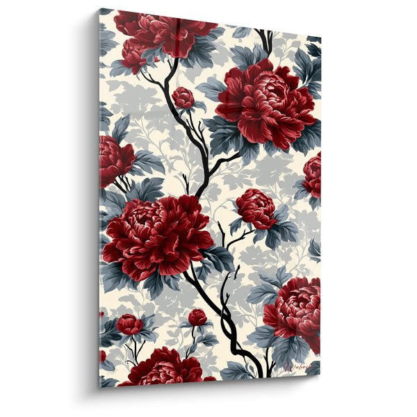 Tableau Pivoines rouge et gris aux branches noueuses noires - Motif végétal ornemental - Edition Pivoine
