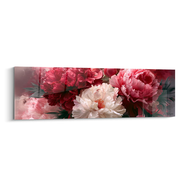 Tableau Pivoines rouge et blanche aux feuilles vert sombre - Bouquet panoramique allongé - Edition Pivoine