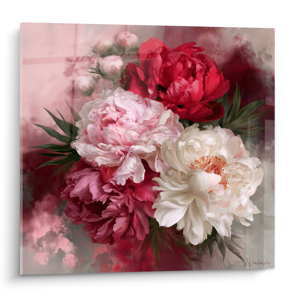 Tableau Pivoines rouge et blanche aux boutons vaporeux - Fond rose brumeux - Edition Pivoine